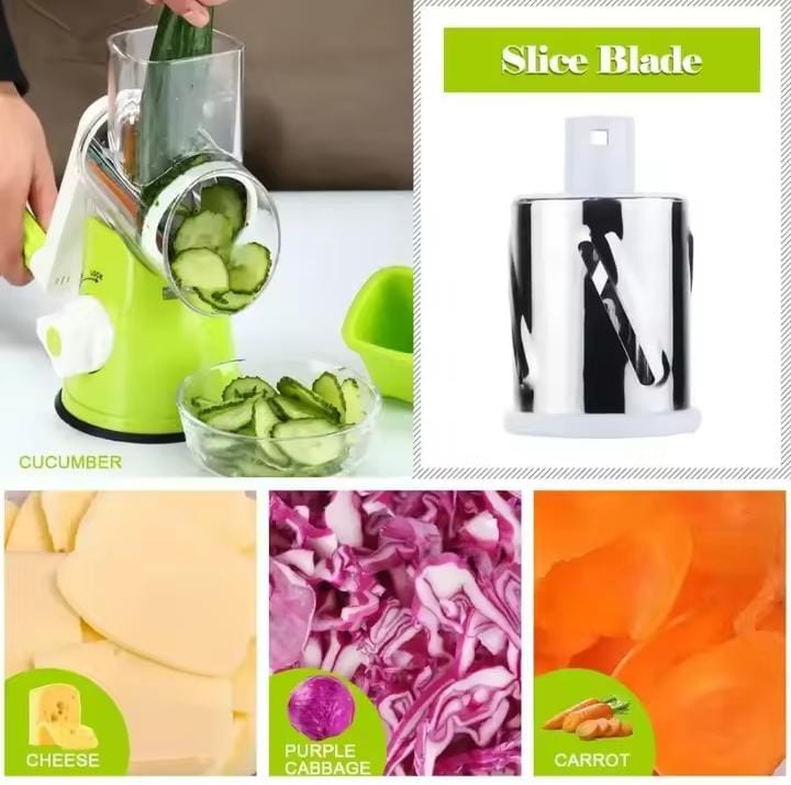 Manual Tabletop Drum Cheese Grater, 3 in 1 Rotary Shredder Slicer Grinder for Cucumber Nut Potato Carrot Cheese, Vegetable Salad Shooter